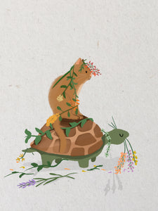 Schildpad en kat op bloemenjacht | Kaarten Joeff